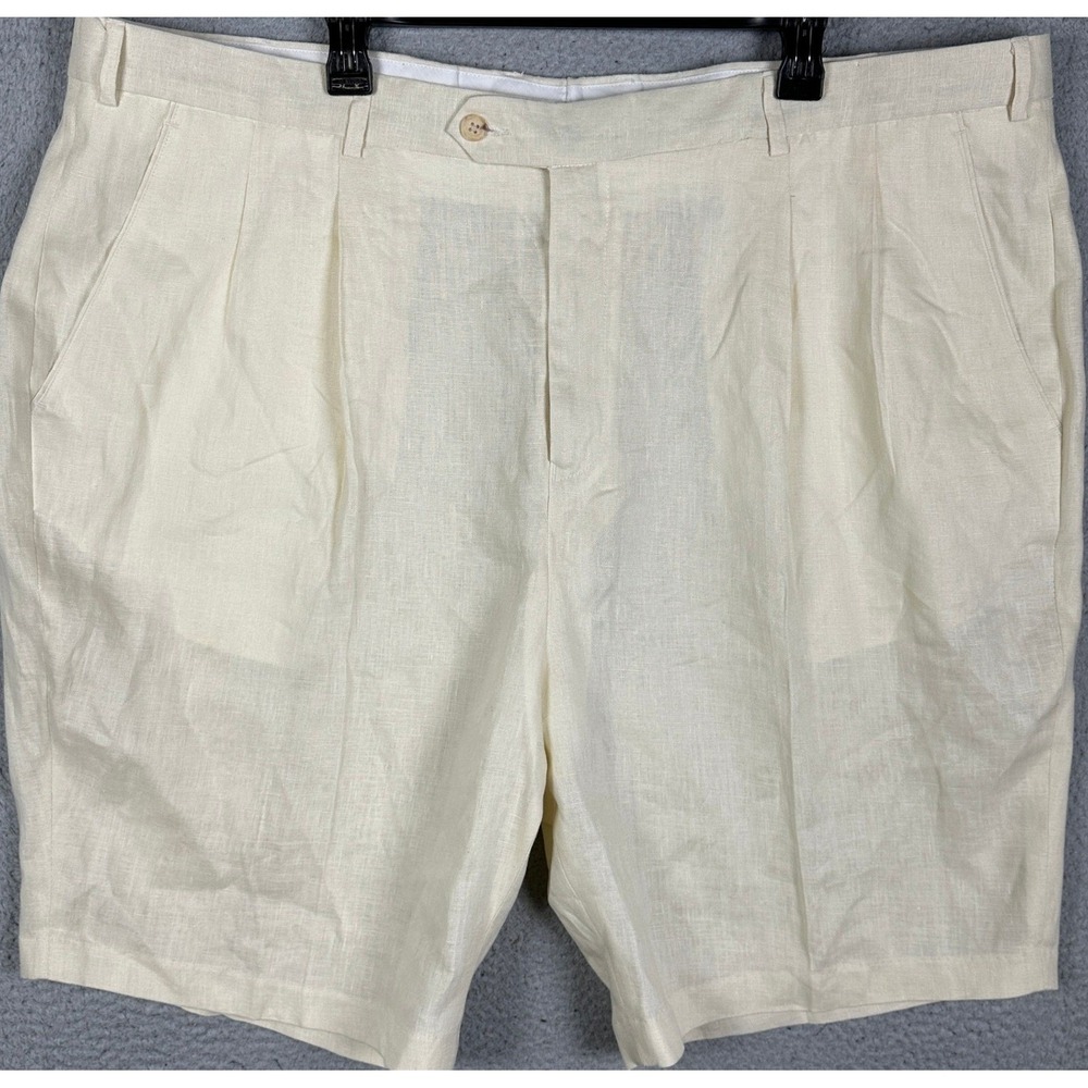 Paul Fredrick 100% Linen Shorts Mens 48 Cream Off White Casual Pleated Summer